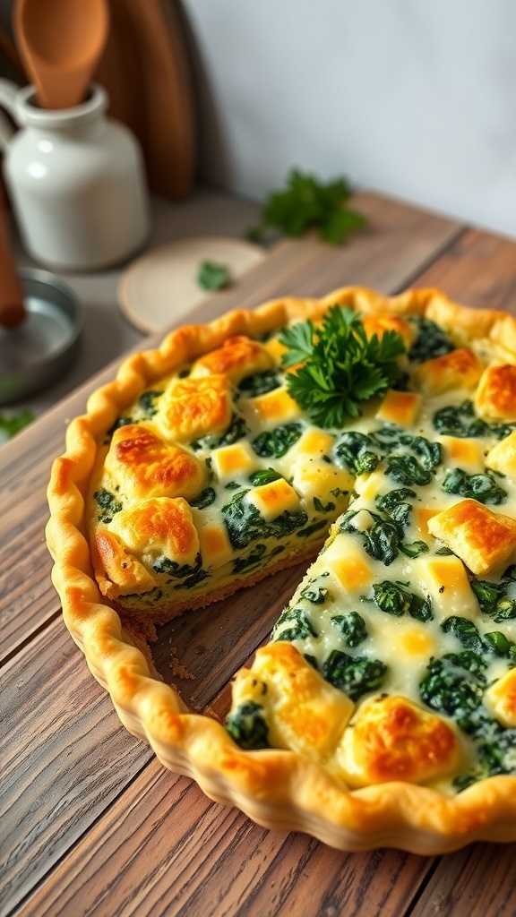 A slice of spinach and cheese quiche on a rustic table, showcasing a flaky crust and vibrant green filling.